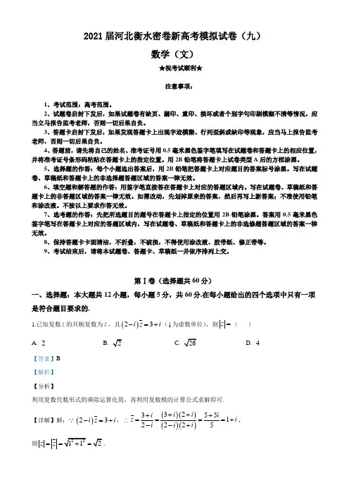 2021届河北衡水密卷新高考模拟试卷(九)数学(文)试题