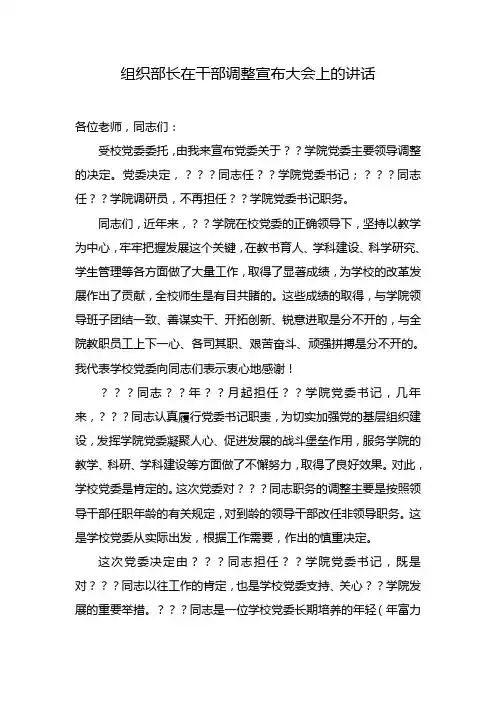 组织部长在干部调整宣布大会上的讲话(通稿)