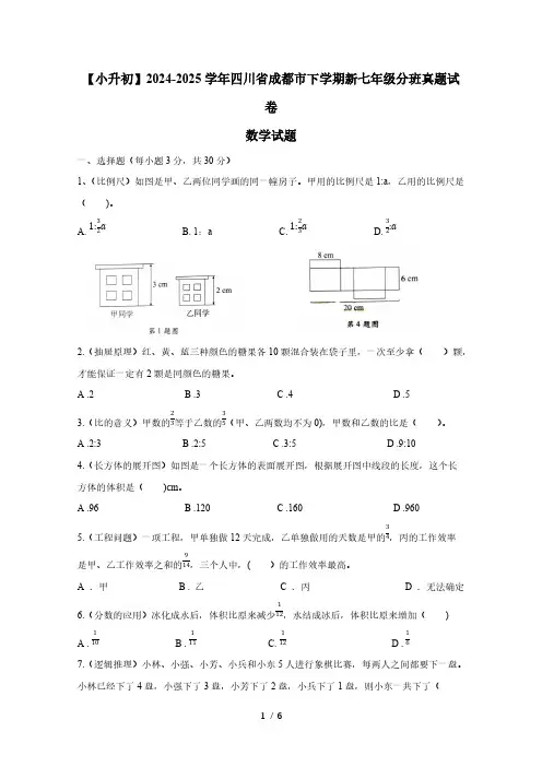 【小升初】2024-2025学年四川省成都市下学期新七年级分班真题数学试题(含答案)