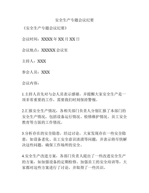 安全生产专题会议纪要