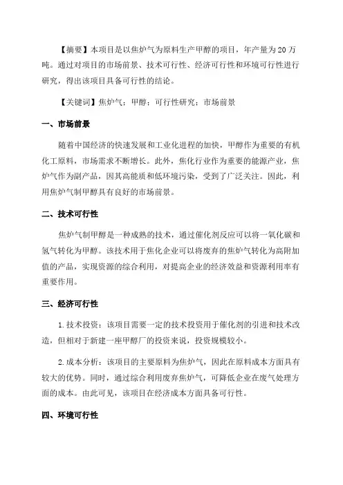 年产20万吨焦炉气制甲醇项目可行性研究报告