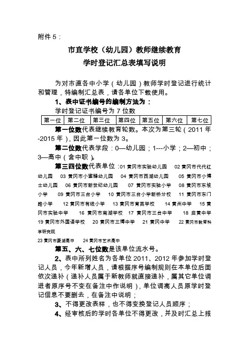市直学校(幼儿园)教师继续教育学时登记汇总表填写说明