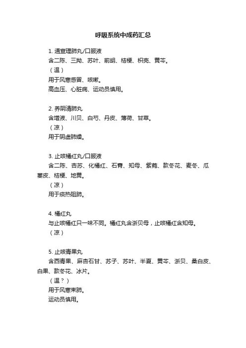 呼吸系统中成药汇总