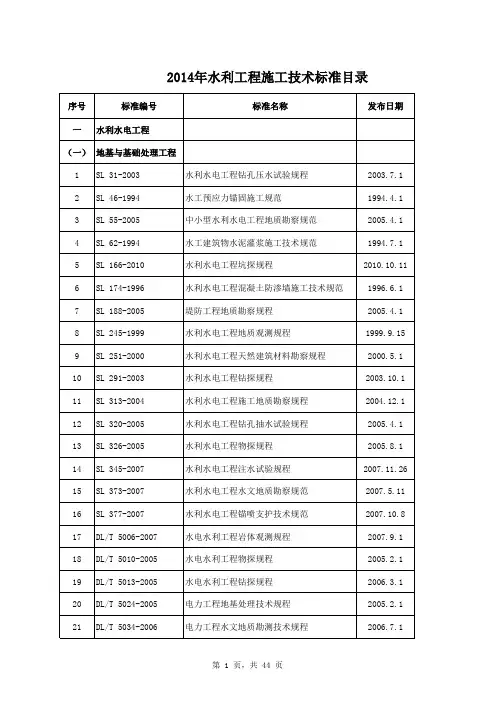 2014年水利工程现行施工技术标准目录