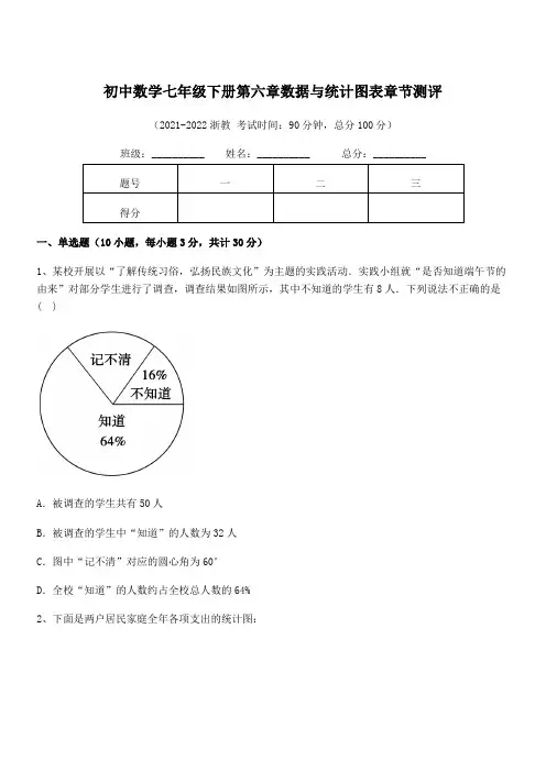 中考特训浙教版初中数学七年级下册第六章数据与统计图表章节测评试题(含详细解析)