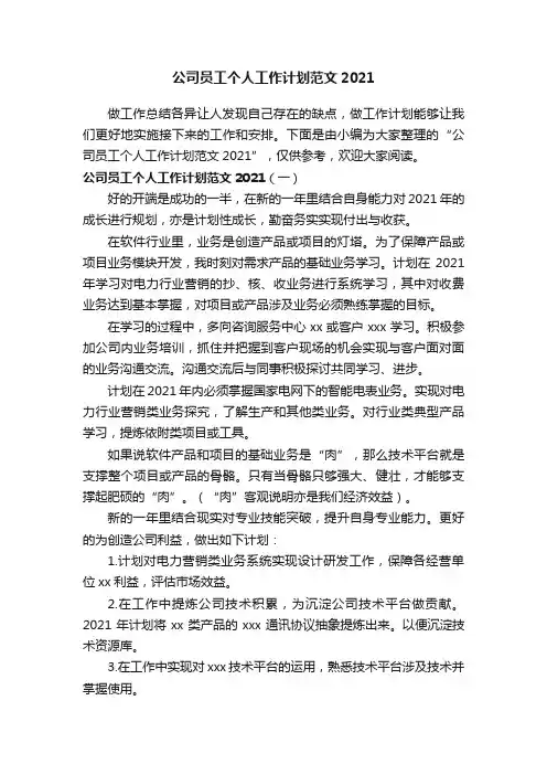 公司员工个人工作计划范文2021