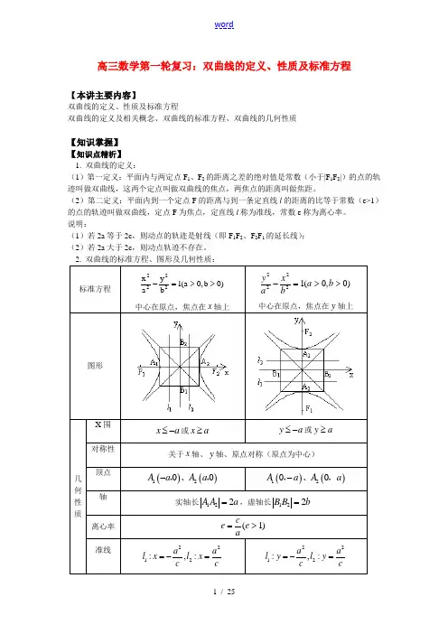 高三数学第一轮复习：双曲线的定义、性质及标准方程 知识精讲