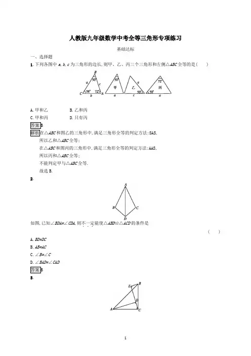 人教版九年级数学中考全等三角形专项练习及参考答案