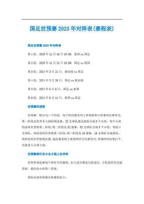 国足世预赛2023年对阵表(赛程表)