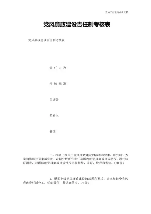 党风廉政建设责任制考核表