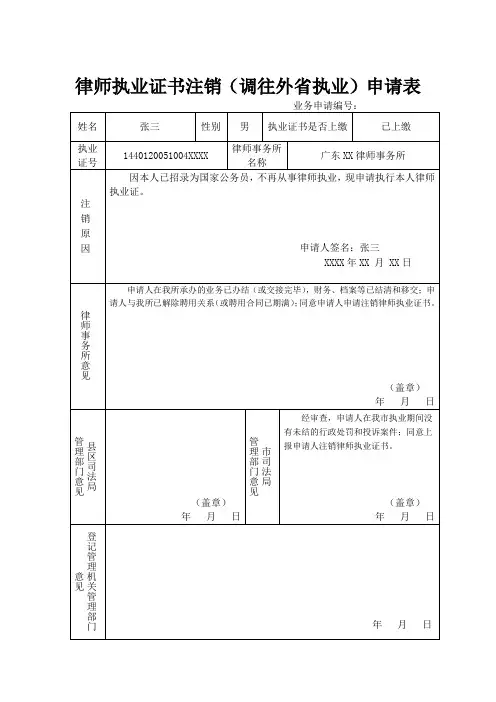 律师执业证书注销审核申请表格(模板)