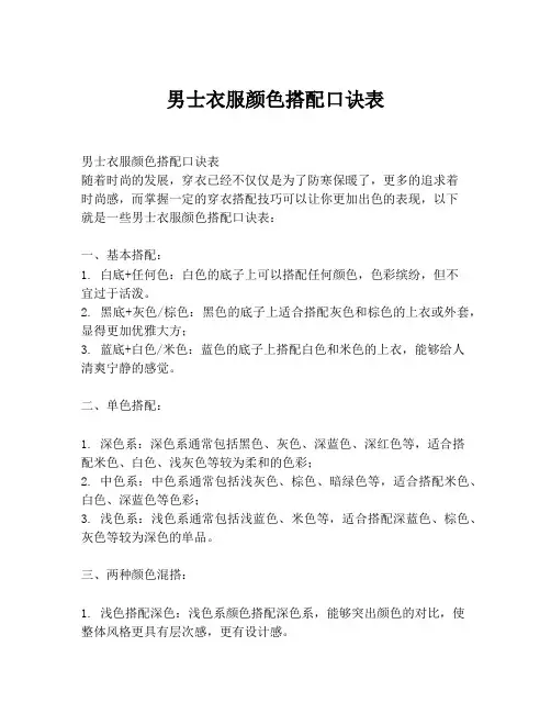 男士衣服颜色搭配口诀表