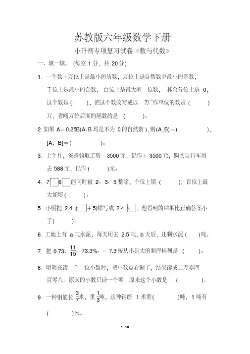 六年级数学下册《总复习（一）数与代数》（附答案）