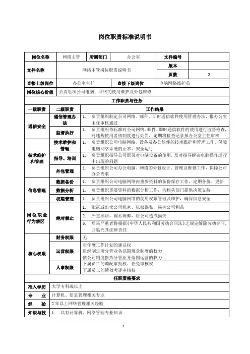 网络主管岗位职责说明书