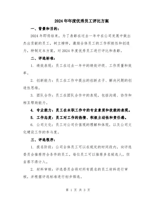 2024年年度优秀员工评比方案