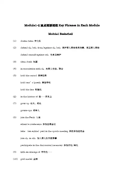 外研版高二英语下学期选修七重点短语词组总结Module1-6