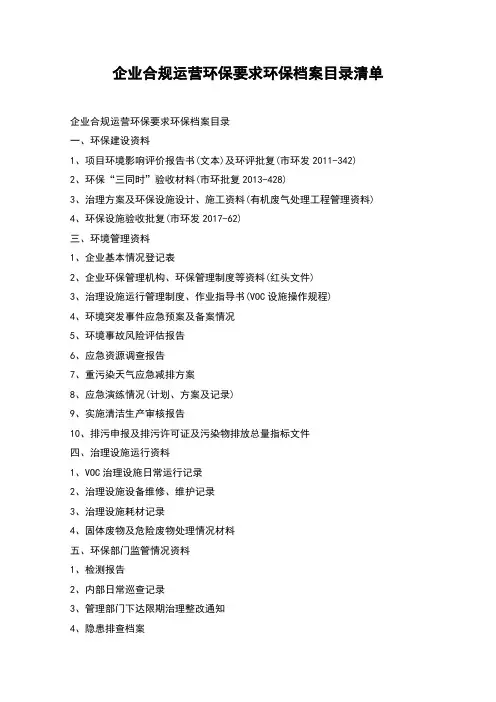 企业合规运营环保要求环保档案目录清单