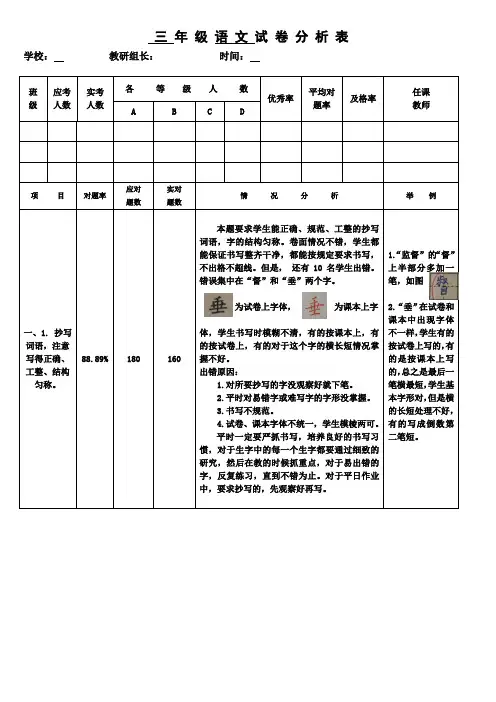 小学数学三年级试卷分析表