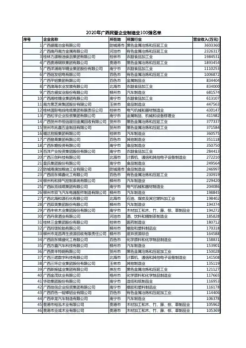 2020年广西民营企业制造业100强名单