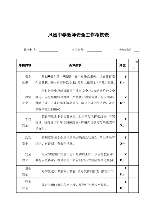 教师安全工作考核表