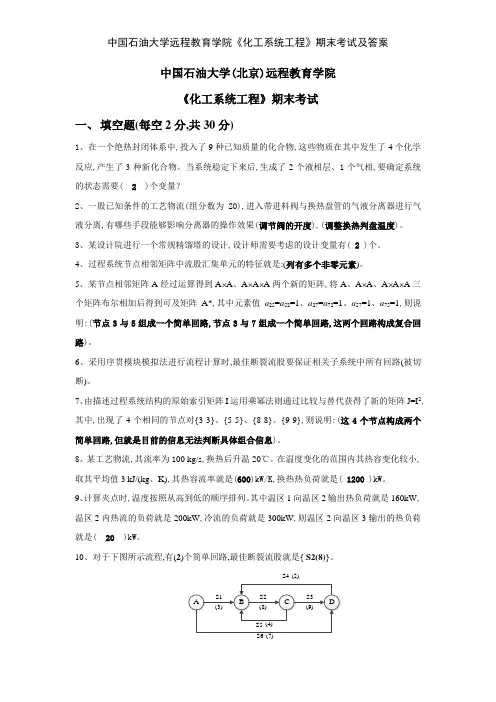 中国石油大学远程教育学院《化工系统工程》期末考试及答案