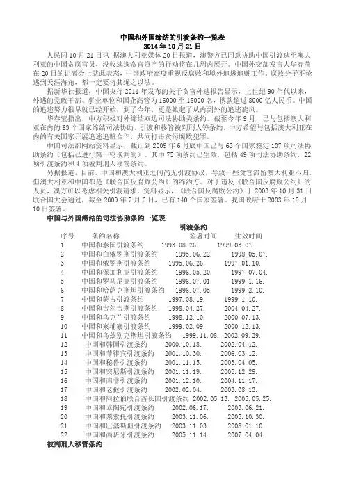 中国和外国缔结的引渡条约一览表