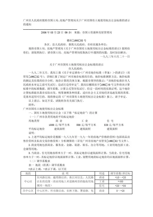 1993年广州市国有土地使用权出让金标准