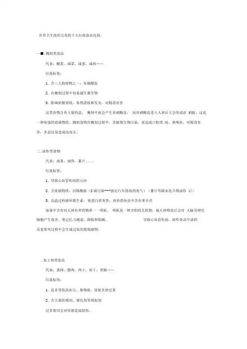 世界卫生组织公布的十大垃圾食品包括