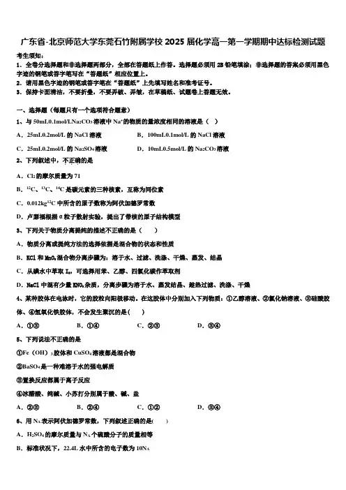 广东省-北京师范大学东莞石竹附属学校2025届化学高一第一学期期中达标检测试题含解析