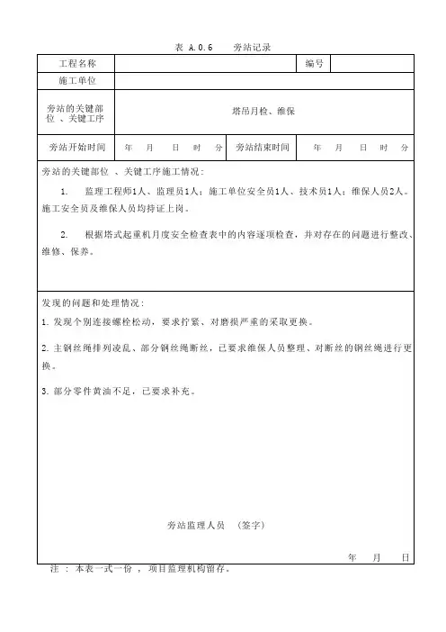 [监理资料]旁站记录-塔吊月检