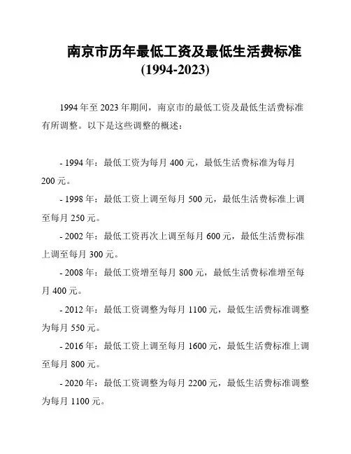 南京市历年最低工资及最低生活费标准(1994-2023)