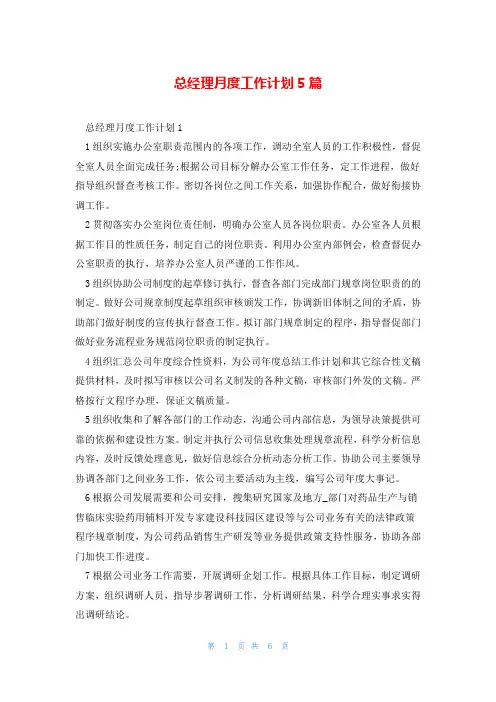 总经理月度工作计划5篇