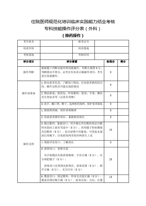 住院医师规范化培训临床实践能力结业考核专科技能操作评分表(外科)换药操作