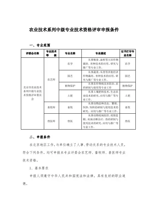 农业技术系列中级专业技术资格评审申报条件一、专业范围评委会名称知识讲解
