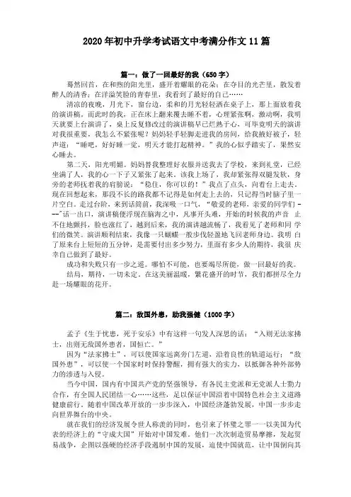 2020年初中升学考试语文中考满分作文16篇
