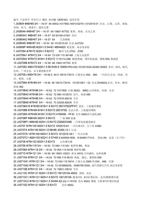 各种车型的滤芯型号