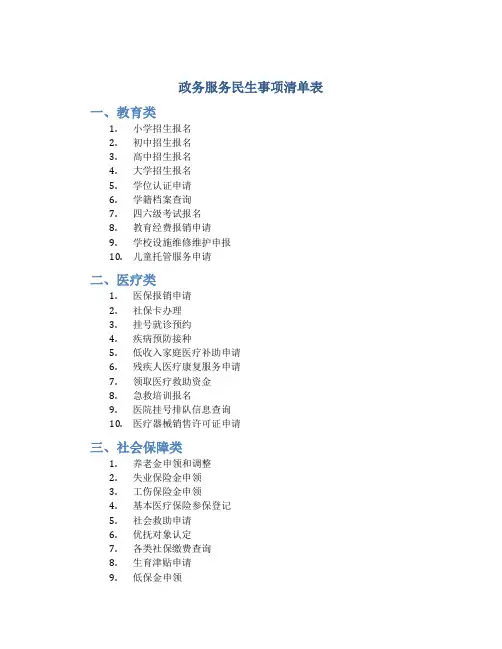 政务服务民生事项清单表