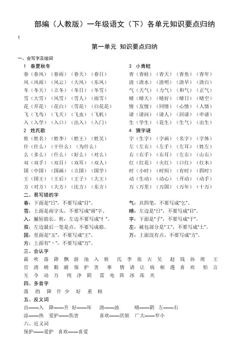 部编(人教版)一年级语文下册单元知识要点归纳-全册