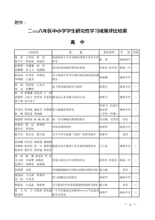 二六年区中小学学生研究性学习成果评比结果