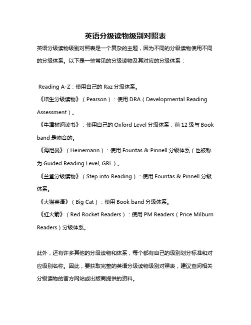 英语分级读物级别对照表