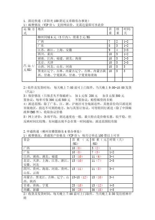 广西柳州申通,圆通及韵达快递价格对比