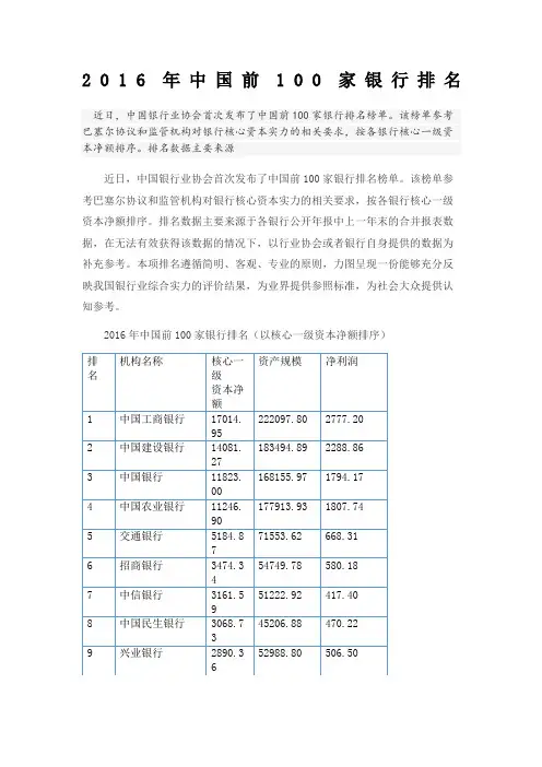 中国前家银行排名