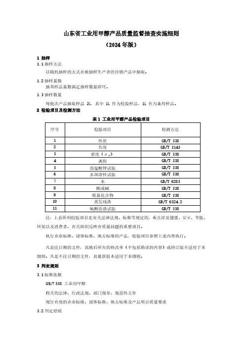 工业用甲醇产品质量监督抽查实施细则