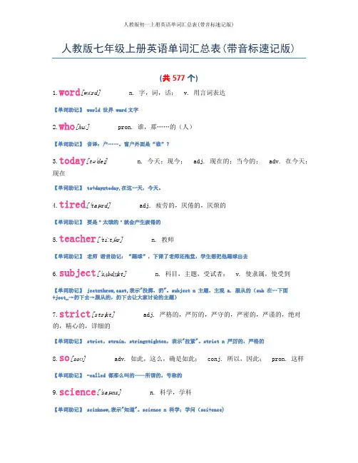 人教版七年级上册英语单词汇总表(带音标速记版),非常全面