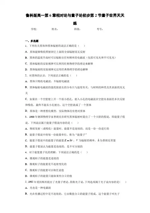 鲁科版高一第6章相对论与量子论初步第2节量子世界天天练