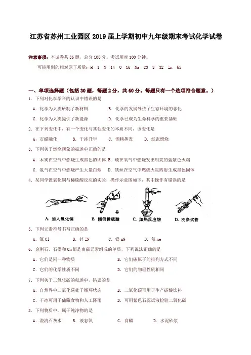 人教版江苏省苏州工业园区2019届上学期初中九年级期末考试化学试卷(含答案)