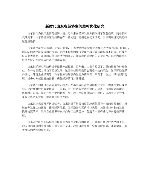 新时代山东省经济空间结构优化研究
