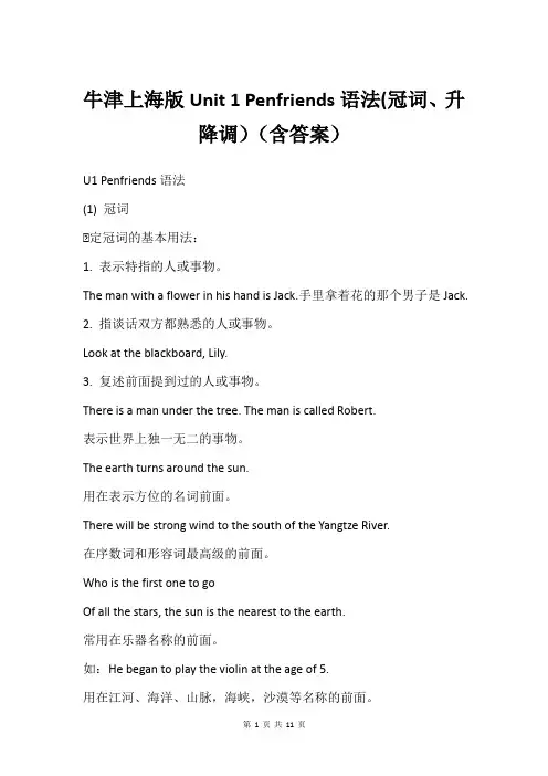牛津上海版Unit 1 Penfriends语法(冠词、升降调)(含答案)