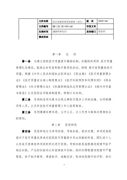 医疗质量管理奖惩条例(试行)