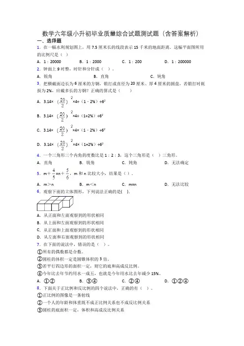 数学六年级小升初毕业质量综合试题测试题(含答案解析)